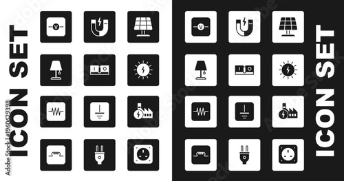 Set Solar energy panel, Electric light switch, Table lamp, Voltmeter, Magnet, Nuclear power plant and Resistor in electronic circuit icon. Vector