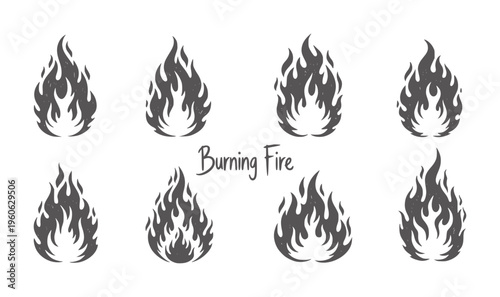 Collection of eight stylized dark gray flame white fire symbol heat energy