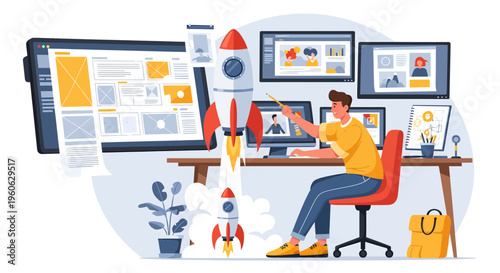 Young man working on computer with rockets launching around him.