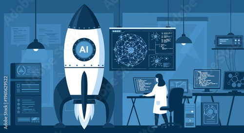 Artificial Intelligence Rocket Launching into Future Technology.