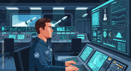 Astronaut in Space Mission Control Center.