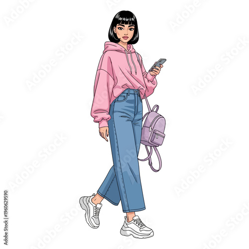 Young stylish woman with bob haircut in pink hoodie and jeans holding phone, walking with backpack
