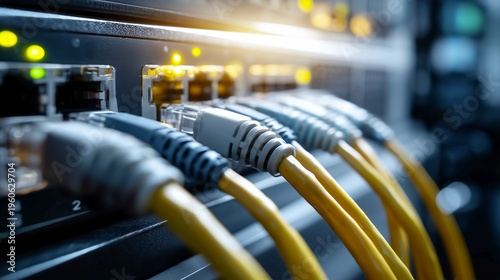Ethernet cable connected to network switch with neon LED glow