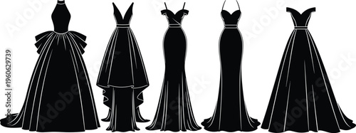 Black-and-white silhouette illustration of five elegant evening gowns with unique necklines, skirts, and designs, showcasing fashion, style, and formal wear concepts for events and design
