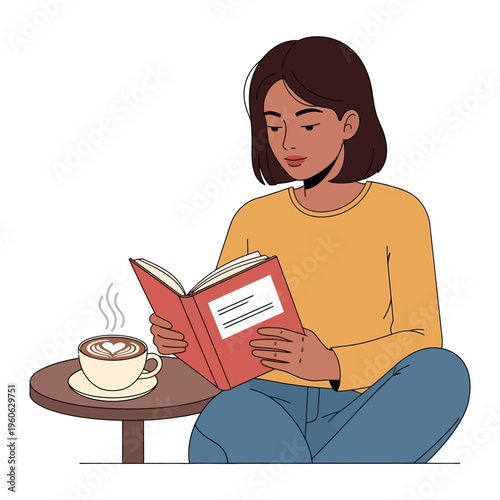 Young woman reading book with coffee on table, relaxing lifestyle, flat illustration