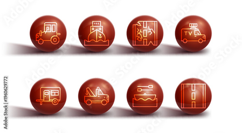 Set line Tractor, Rv Camping trailer, TV News car, Boat with oars, Tow truck, Cargo ship, Road and Broken road icon. Vector