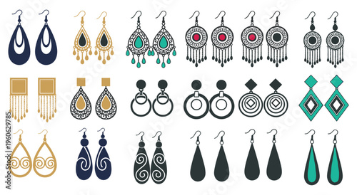 Variety of hanging earrings with intricate designs and gemstones