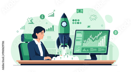 Businesswoman launching rocket symbolizing startup growth.