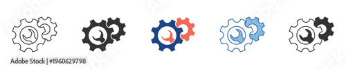 Clean vector icons of a gear and wrench, symbolizing essential system settings, technical support, and maintenance solutions for digital applications and industrial processes