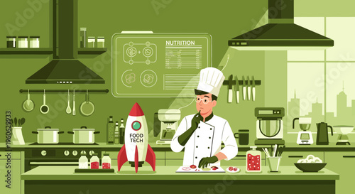 Chef in a modern kitchen with a rocket.