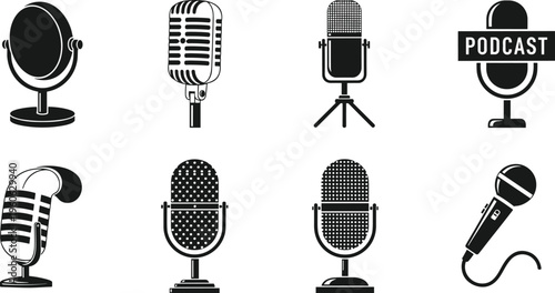 Black-and-white vector illustration of eight different microphone icons including vintage, modern, studio, and podcast designs, symbolizing audio recording, broadcasting, and communication technology 