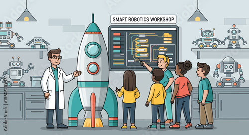 Children learning about robotics and space exploration in a workshop.