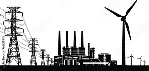 Black-and-white vector illustration of energy infrastructure including transmission towers, power plant with smokestacks, and wind turbines, symbolizing electricity distribution, fossil fuel 