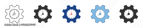 Dynamic collection of gear clock icons, symbolizing time management, efficiency, and operational process. Vector graphics representing scheduling and productivity concepts