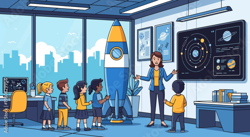Children learning about space exploration with a rocket and solar system model.