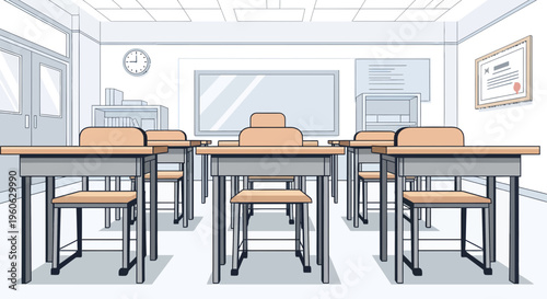 Classroom Desks and Chairs in an Empty School Room.