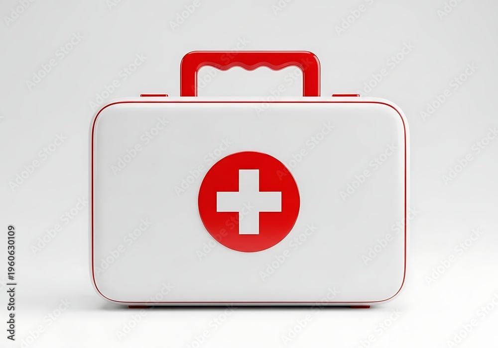 Fototapeta premium A clean white medical first aid kit with a red handle and a cross symbol on a neutral background