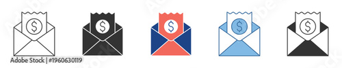 Email bill payment, invoice, and financial notification icons. Receipt with dollar sign in open envelope, ideal for digital finance applications and business