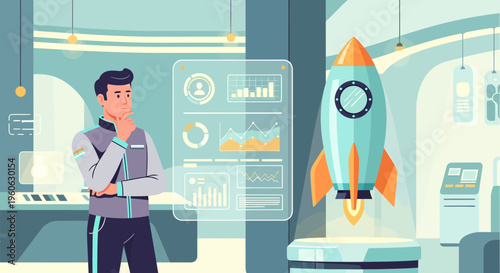 Man contemplating futuristic technology and rocket launch.