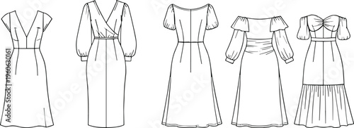 fashion, dresses, technical, drawing, womens, apparel, collection, flat, vector, illustration, clothing, design, template, outline, midi, elegant, casual, sleeve, modern, style