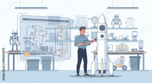 Man working on a rocket in a workshop with robots.