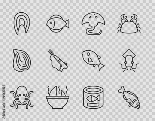 Set line Octopus, Fish, Stingray, Shark fin soup, steak, Fishing harpoon, Canned fish and icon. Vector