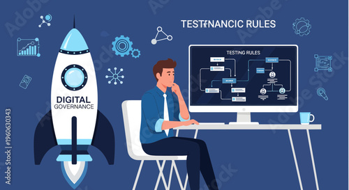 Man working on computer with digital rocket and flowchart.