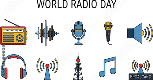 Collection of radio and audio icons for World Radio Day celebration