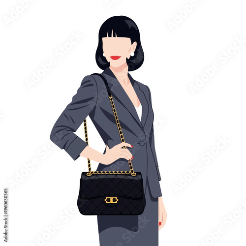 Elegant Businesswoman in Grey Suit with Quilted Black Handbag, Fashion Illustration