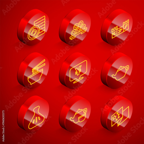 Set line Chinese Yuan currency, Sushi on cutting board, Great wall of China, Asian noodles bowl, tea ceremony, Dumpling and icon. Vector