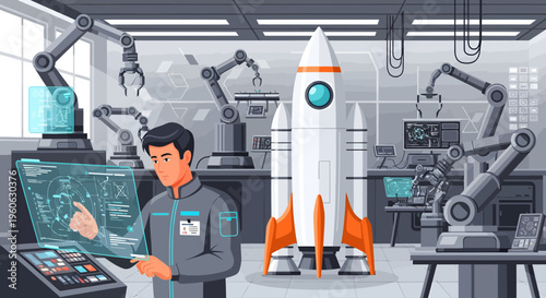 Man working on futuristic rocket in high tech laboratory.