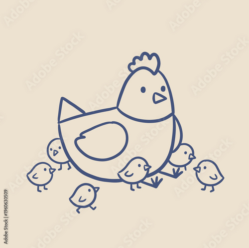 A mother hen stands protectively over her small group of fluffy chicks in a simple line drawing.