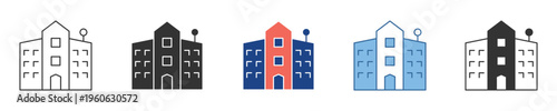 Collection of modern multi-story building icons in various styles, suitable for representing urban architecture, corporate businesses, or public institutions in digital designs
