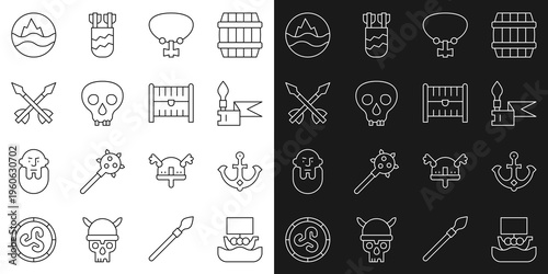 Set line Viking ship Drakkar, Anchor, Medieval spear, Necklace with gem, Skull, arrows, Sea and waves and Antique treasure chest icon. Vector