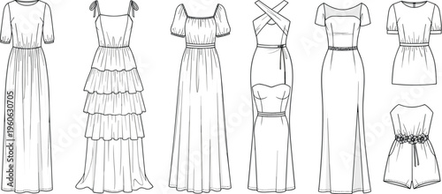 fashion, dresses, collection, technical, drawing, womens, apparel, flat, vector, illustration, clothing, design, template, outline, maxi, elegant, casual, summer, sleeve, style