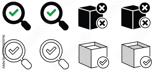 Search or find package, parcel line and flat icon set, parcel tracking magnifier icons, box inspection search symbols, product verification loupe design, delivery confirmation check mark,