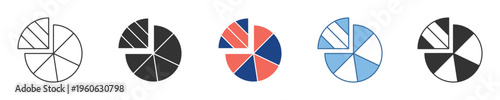 Vector pie chart icons for data visualization and business analytics. Represent statistical data, financial performance, market share, and progress in reports and digital apps