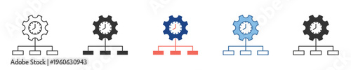 Process management icons optimized workflow, timely execution, systematic organization. Features a gear, clock, and hierarchical structure for efficient business operations