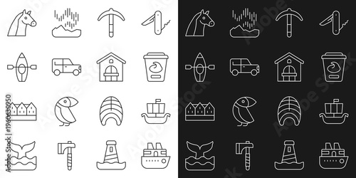 Set line Cruise ship, Viking Drakkar, Yogurt container, Pickaxe, Car, Kayak and paddle, Horse and Farm house icon. Vector