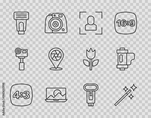 Set line Photo frame 4, retouching, Camera focus line, camera flash, shutter, and film roll cartridge icon. Vector