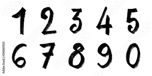Hand drawn black numbers 1 2 3 4 5 6 7 8 9 0 Stylish brush painted numbers doodle Count, math, kids education