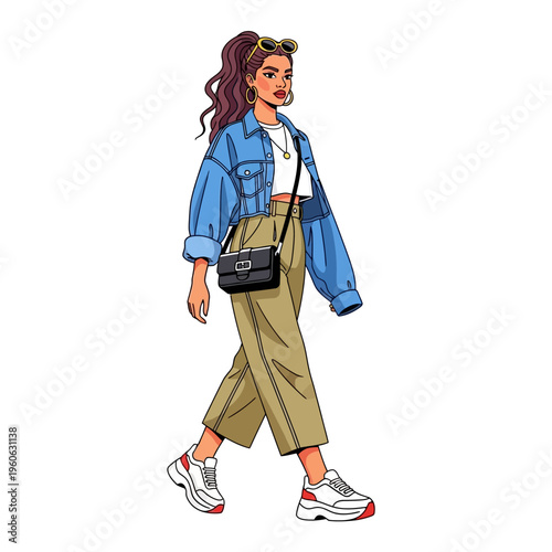 Stylish woman walking in casual denim jacket, wide-leg pants, and sneakers, carrying a crossbody bag.