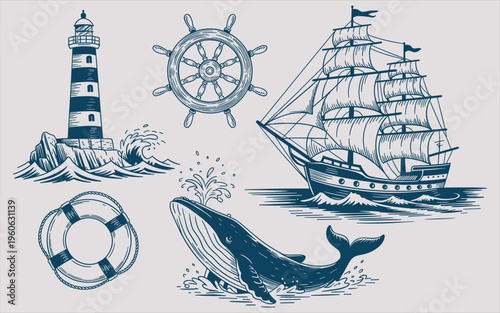 Nautical set with lighthouse ship steering wheel lifebuoy and whale