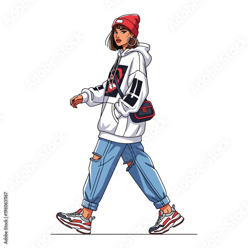 Stylish Woman Walking in Trendy Streetwear Outfit: Hoodie, Ripped Jeans, Beanie