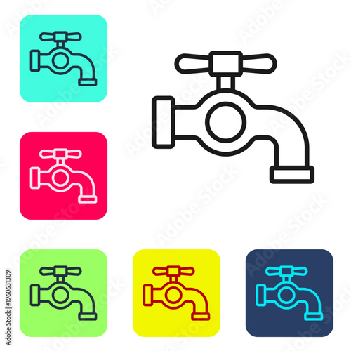 Black line Water tap icon isolated on white background. Set icons in color square buttons. Vector