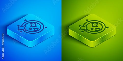 Isometric line Washing dishes icon isolated on blue and green background. Cleaning dishes icon. Dishwasher sign. Clean tableware sign. Square button. Vector