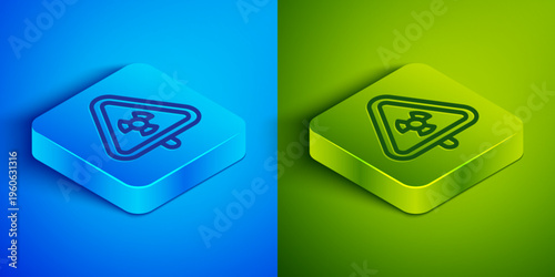 Isometric line Triangle sign with radiation symbol icon isolated on blue and green background. Square button. Vector