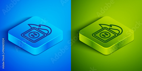Isometric line Electric wiring of socket in fire icon isolated on blue and green background. Electrical safety concept. Plug outlet on fire. Square button. Vector