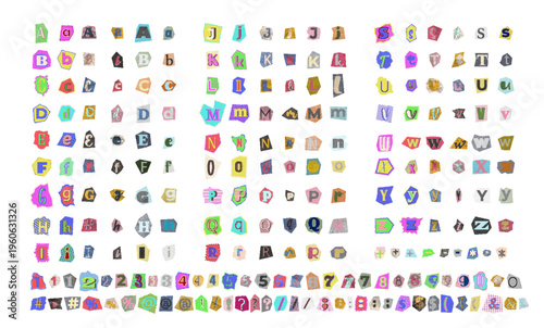 Cut out ransom alphabet. Collage font, colorful anonymous letters. Magazine font random note letter. Vector illustration