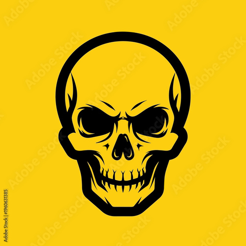 Scary Skull Icon, Black and White, Isolated on Yellow Background, Danger Symbol
